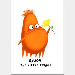 Enjoy the little things. Cute orange monster with yellow flower Posters and Art